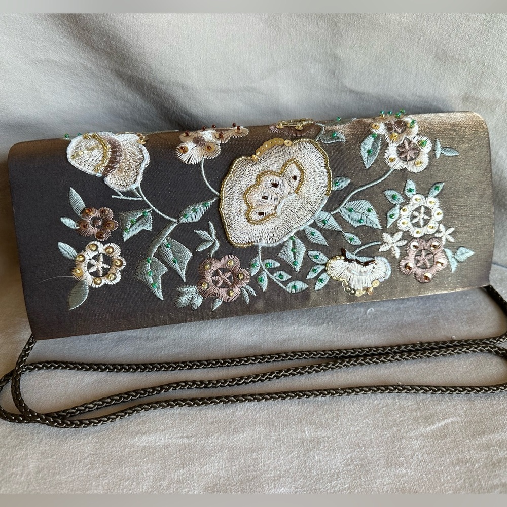 Gold/Brown Lame’ Embroidered and Beaded Clutch Evening Bag 10” long by 4” Tall